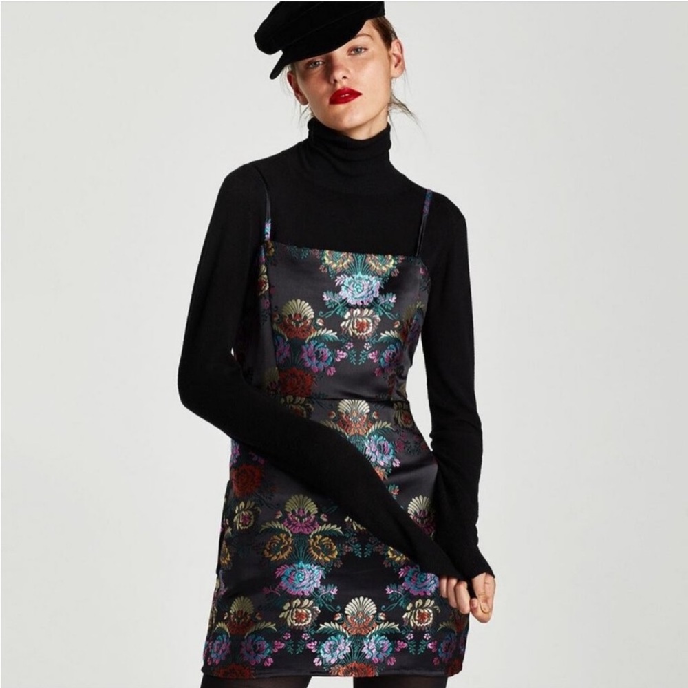 Zara TRAFALUC Black Embroidered Strappy satin effect dress